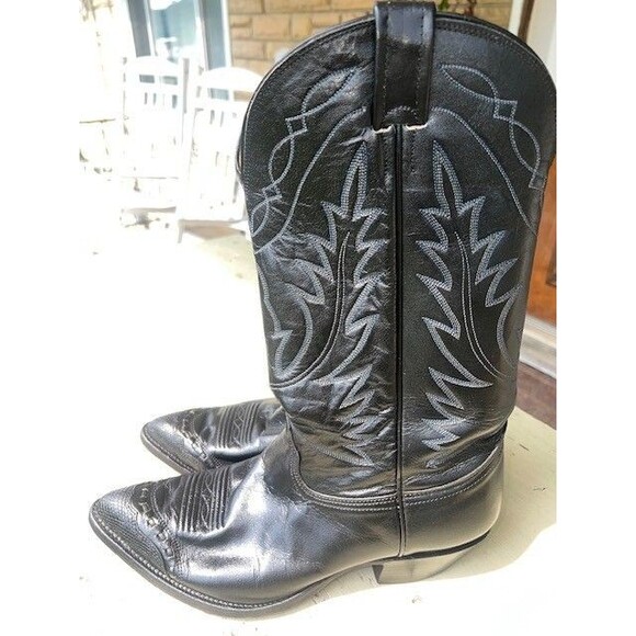Nocona Vtg Black Premium Leather Cowboy Boots w/lizardskin Wingtips Mn’s Sz 10.5 main image 5
